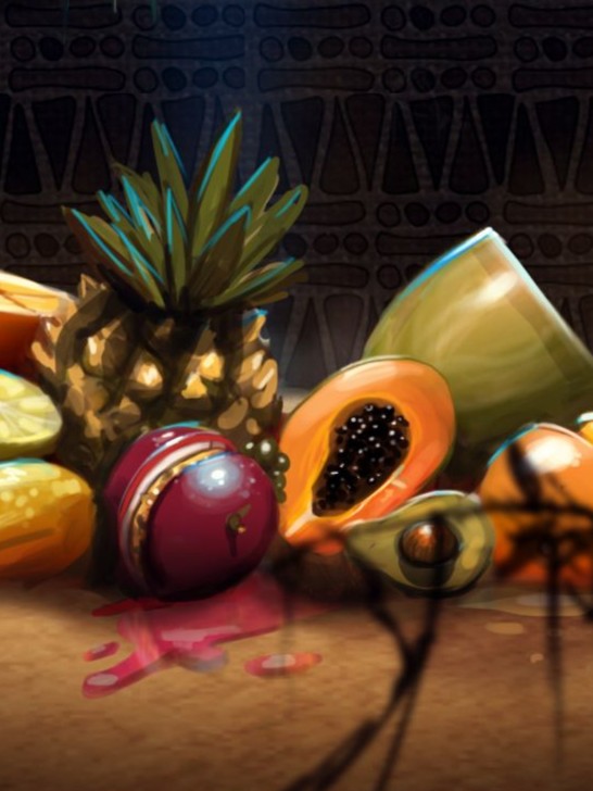 Augmented reality Skemmi crowd game featuring tropical fruits, designed to keep event audiences alert and engaged