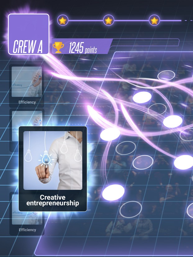 Skemmi's gesture-based quiz game for crowds, with futuristic visuals, blending fun and knowledge for audience interaction.