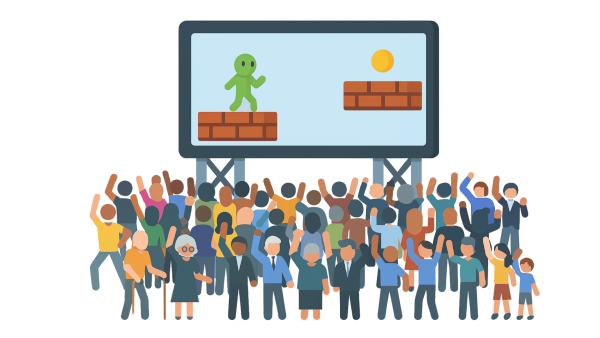 Icon of a crowd actively engaging with interactive games through body movements.
